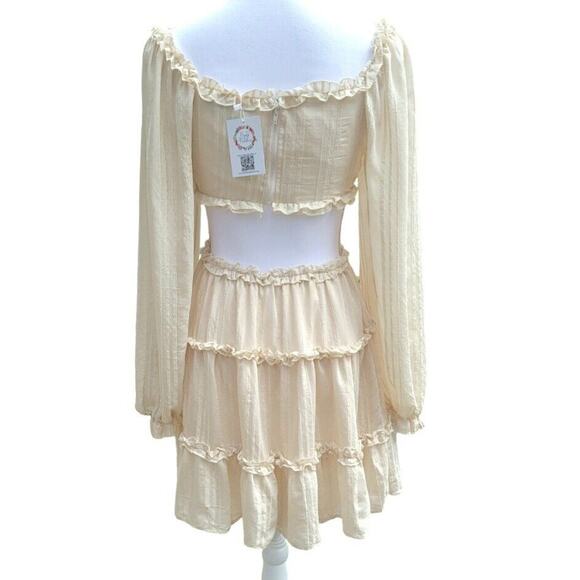 HYFVE Cottagecore Boho Peasant Dress Medium Beige Ruffle Long Sleeve Mini Dress - Picture 3 of 10